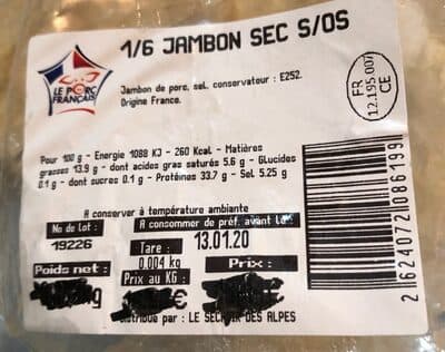 1/6 jambon sec sans os