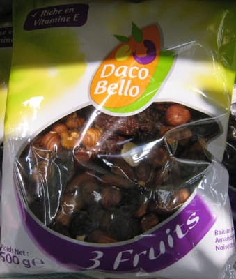 3 Fruits Raisins secs, Amandes, Noisettes Daco Bello