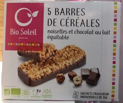 Barres céréales Noisettes et Chocolat au lait équitable