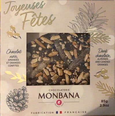 Chocolat noir amandes et oranges confites