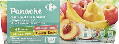 4 Pomme 4 Pomme Pêche 4 Pomme Poire 4 Pomme Banane Assortiment de 8 compotes allégées en sucres* et de 8 spécialités de fruits