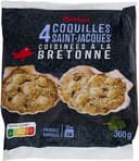 4 coquilles Saint-Jacques* cuisinées à la bretonne surgeléesOrigines : *Zygochlamys patagonica, origine Argentine (A)Ou Chlamys opercularis, Origine Ecosse (B) /Irlande (C) /France (D) /Royaume Uni (E