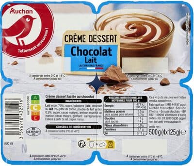 AUCHAN Crème dessert Chocolat lait