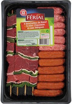 Assortiment : 4 brochettes de boeuf + 6 mini chipolatas + 6 mini merguez