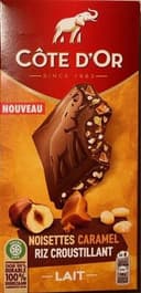 Tablette de chocolat au lait aux morceaux de noisettes caramel et riz croustillant