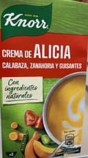 Crema de Alicia con calabaza, zanahoria y guisantes