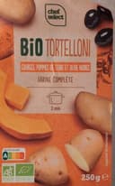 Bio tortelloni, courges, pommes de terre et olive noires