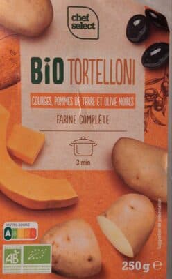Bio tortelloni, courges, pommes de terre et olive noires