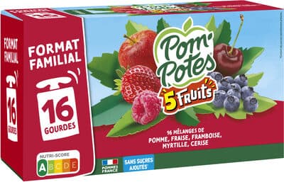 POM'POTES Compotes Gourdes 5 Fruits Rouges 16x90g Format Familial