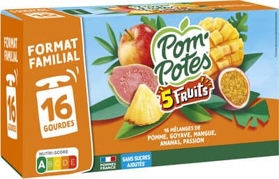 POM'POTES Compotes Gourdes 5 Fruits Exotiques 16x90g Format Familial
