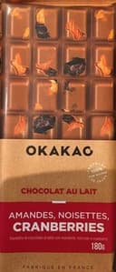 Chocolat au lait amandes, noisettes, cranberries