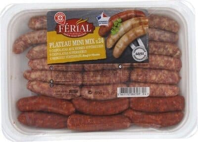 Assortiment : 9 mini chipolatas + 9 mini chipolatas aux herbes + 6 mini merguez